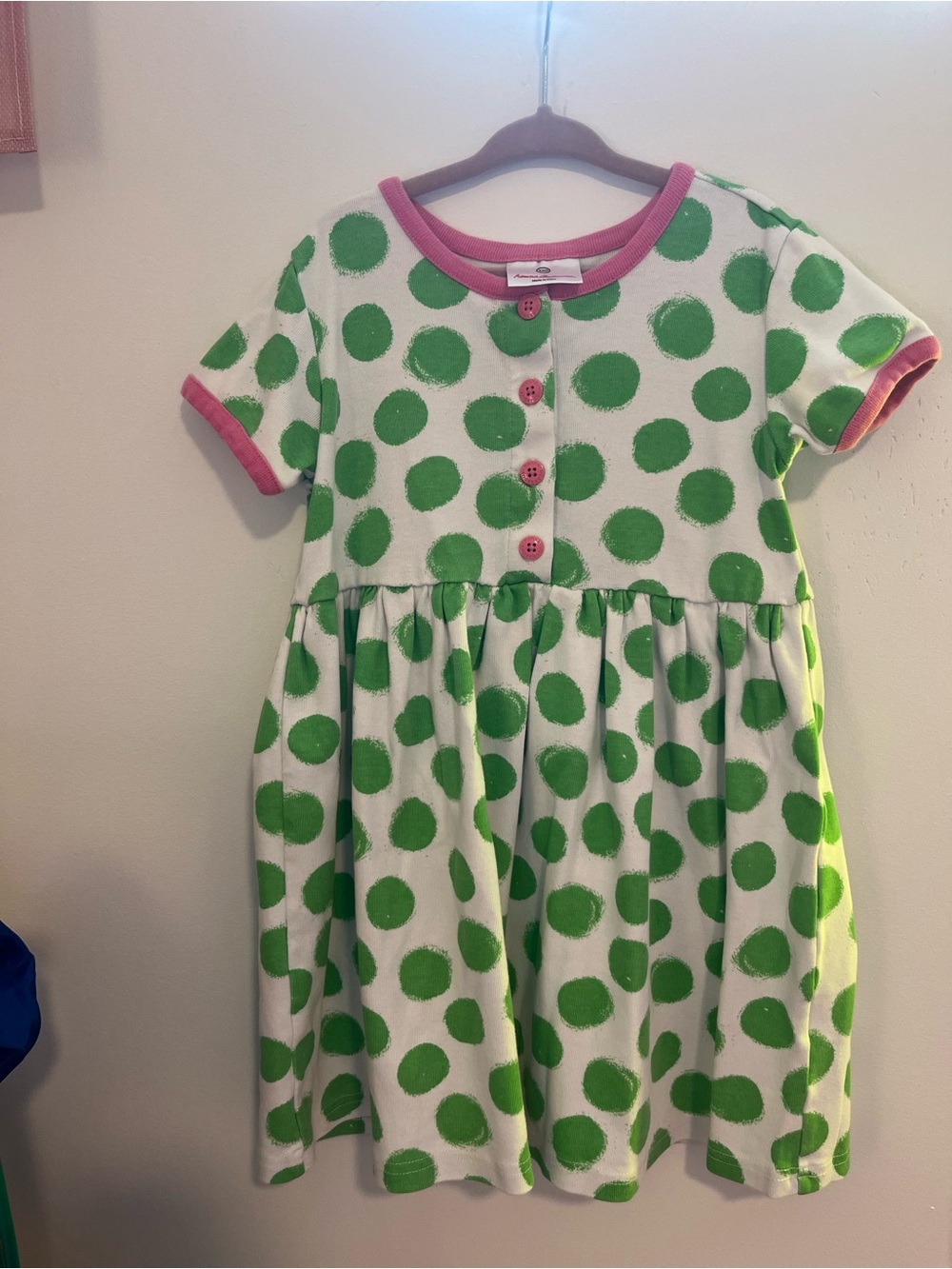 Hanna Andersson Cream Dress with Green Polka Dots and Pink Trim